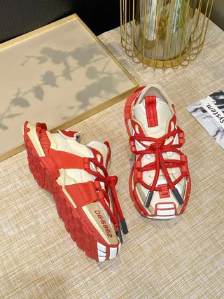 Red Beige Multi-Strap Cage Construction Oversized Lace Loops Chunky Sneakers 8