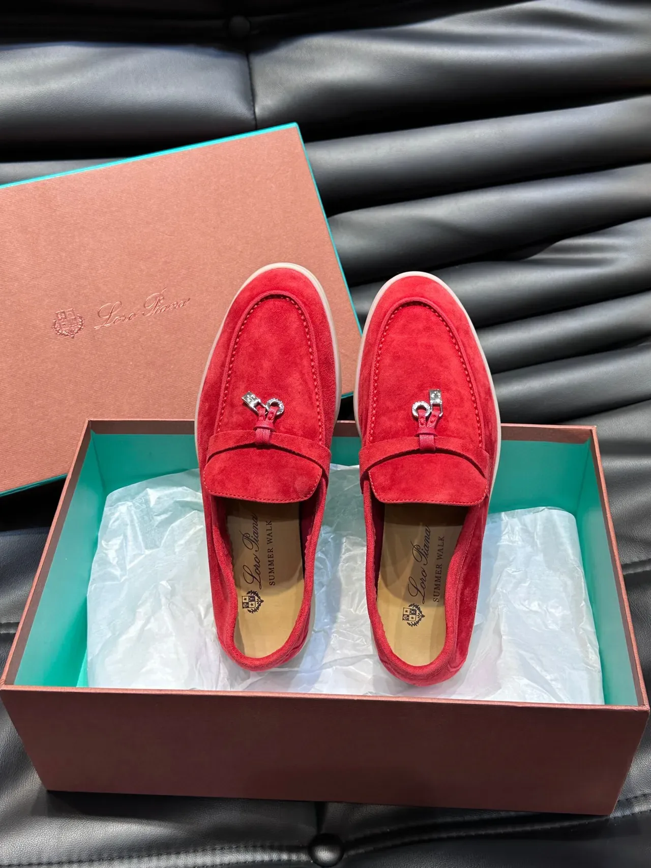 Red Beige Suede Upper Tassel Strap Loafer 6