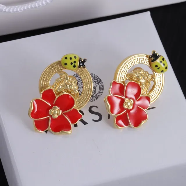 Red Enamel Floral and Ladybug Gold-Tone Stud Earrings 3