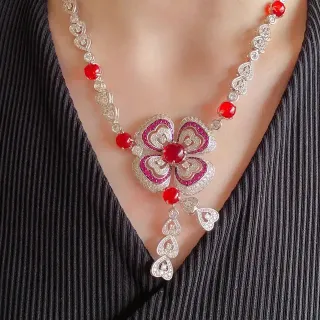 Red Silver Floral Pendant Heart Motifs Necklace