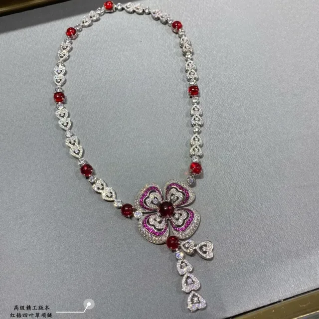 Red Silver Floral Pendant Heart Motifs Necklace 9