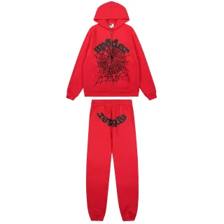 Red Spiderweb Graphic Zip-Up Hoodie and Jogger Pants Tracksuit