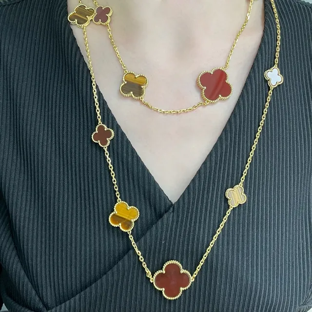 Red Yellow Multi-Strand Enamel Clover Pendants Necklace 2