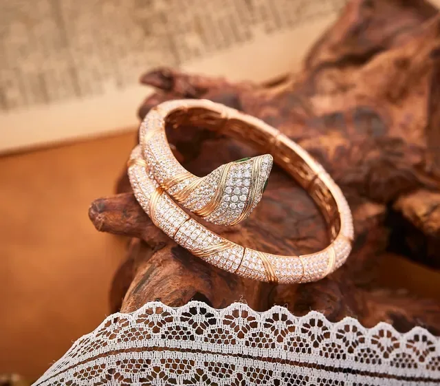 Rose Gold Pavé Diamond Coiled Serpent Hinged Bangle Bracelets 4