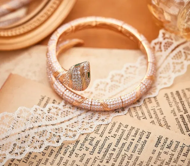 Rose Gold Pavé Diamond Coiled Serpent Hinged Bangle Bracelets 6