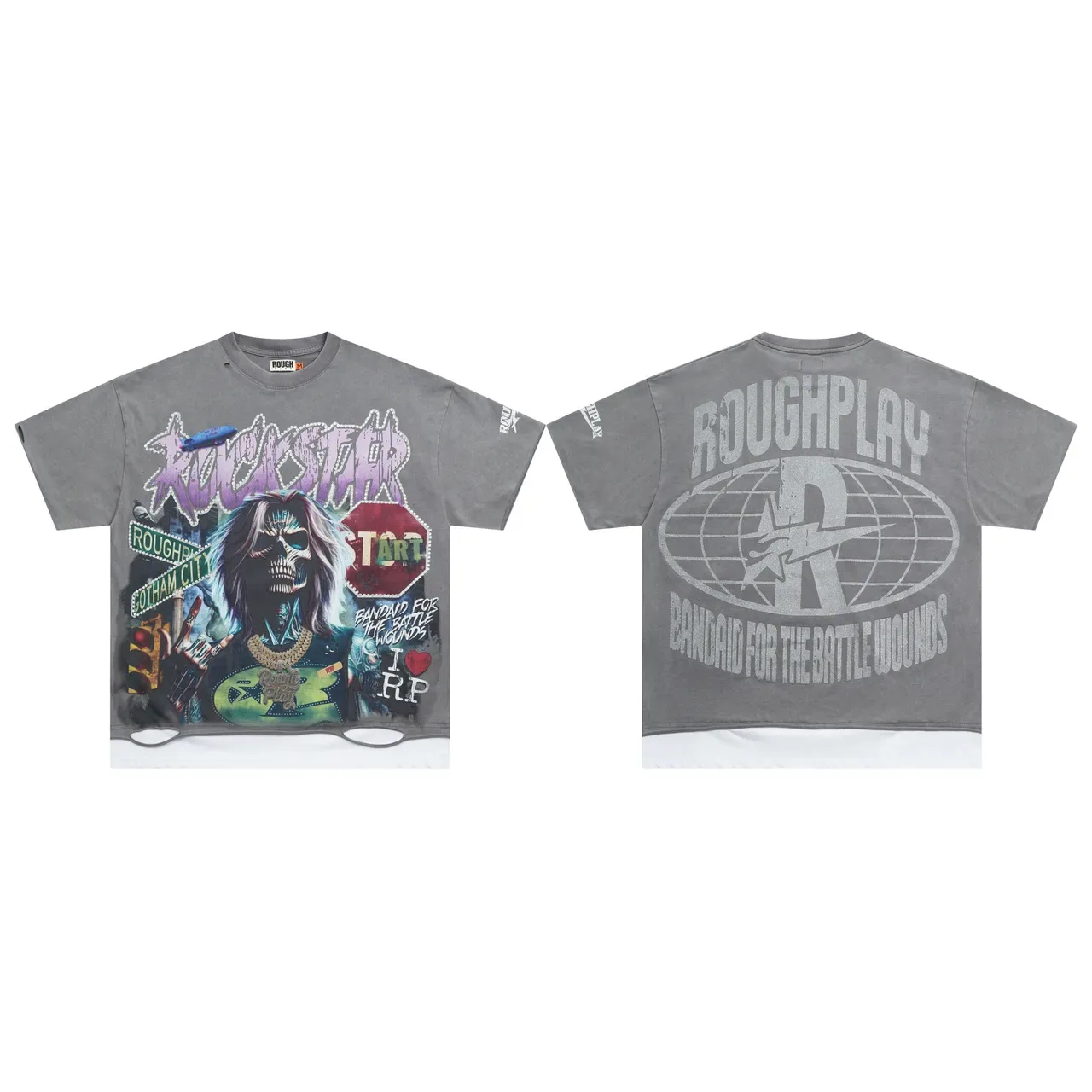 Camiseta Oversized ROUGH de Estampado Gráfico Desgastada y Dobladillo Cortado 2