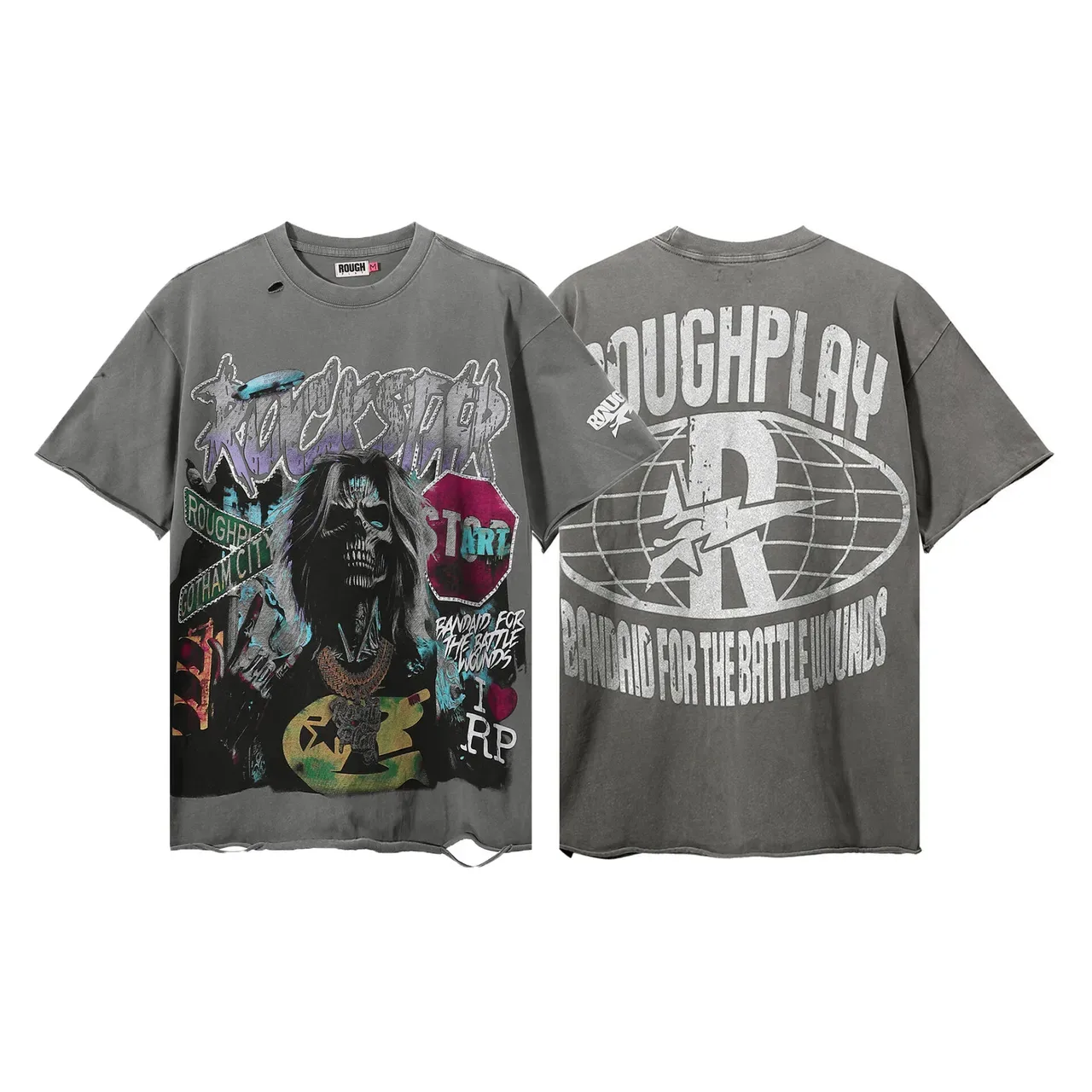 ROUGH Camiseta cinza oversized desgastada com estampa gráfica 2