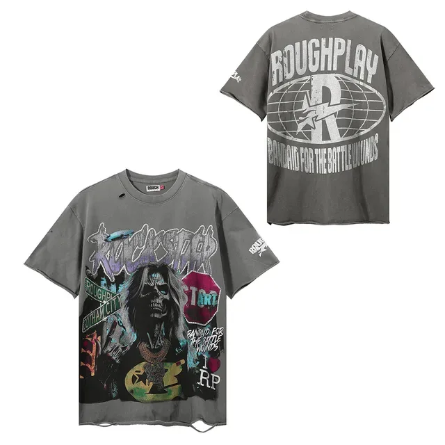ROUGH Camiseta cinza oversized desgastada com estampa gráfica 3