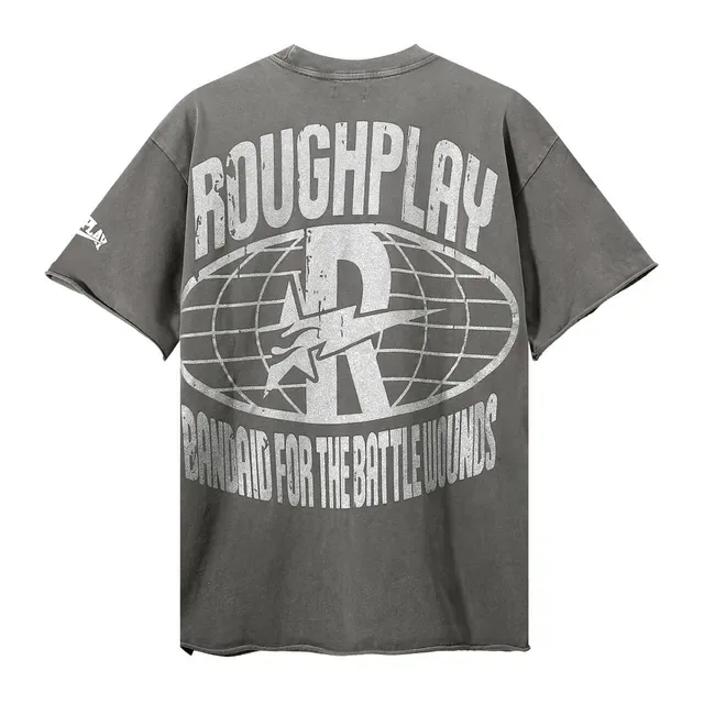 ROUGH Camiseta cinza oversized desgastada com estampa gráfica 4