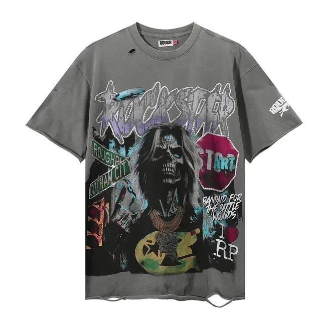 ROUGH Camiseta cinza oversized desgastada com estampa gráfica 5