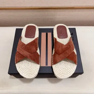 Rust Brown Suede Cross-Strap Woven Rope Sole Slippers