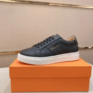 Santoni Black Leather Gold Logo Lifestyle Sneakers