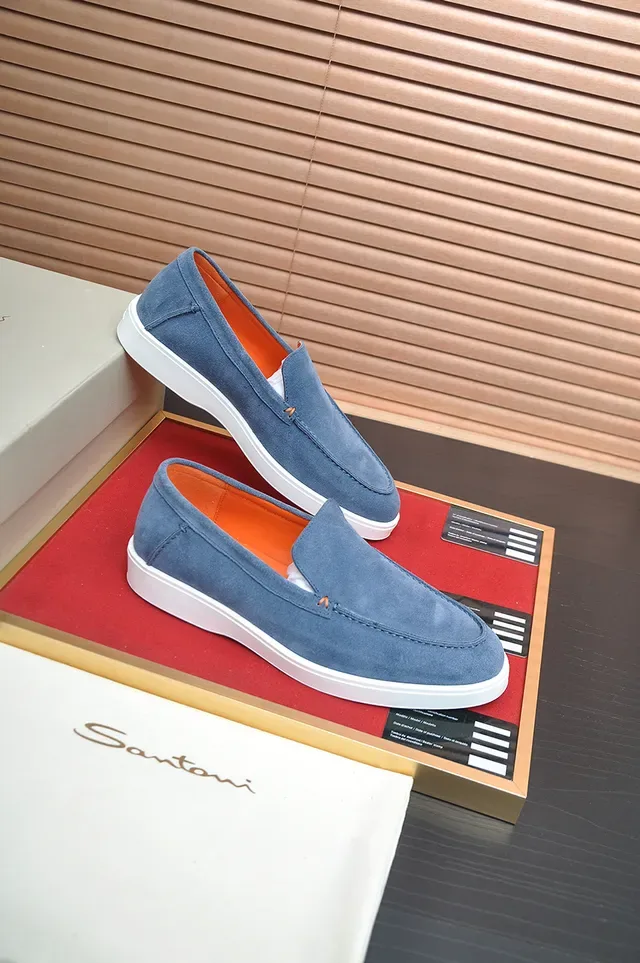 Santoni Azul Laranja Mocassim de Camurça com Costura Moccasin no Vamp Loafer 4