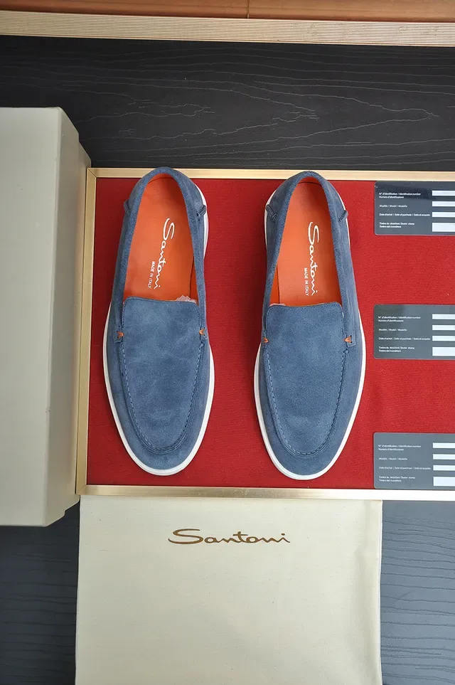Santoni Azul Laranja Mocassim de Camurça com Costura Moccasin no Vamp Loafer 5