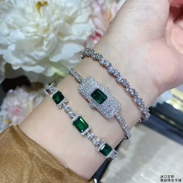 Shield-Shaped Emerald-Cut Green Gemstone Pavé Bracelet 4