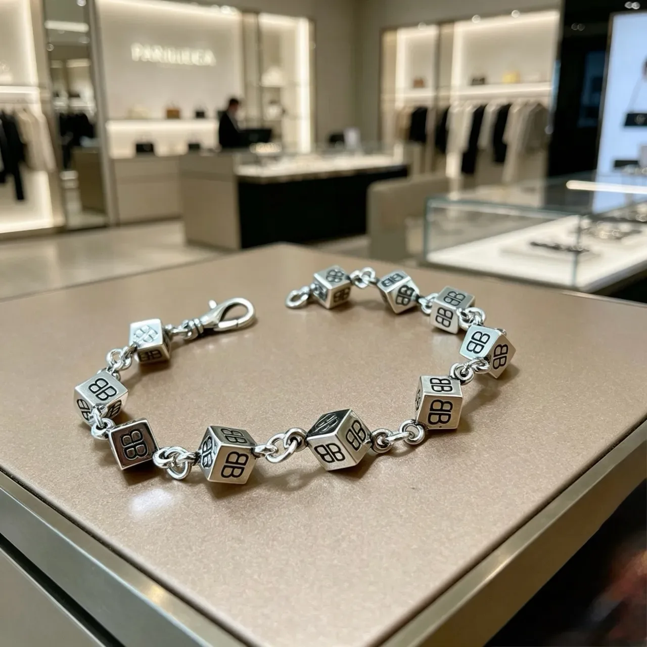 Silver Black Cuboid Link Design Engraved Monogram Bracelet 5