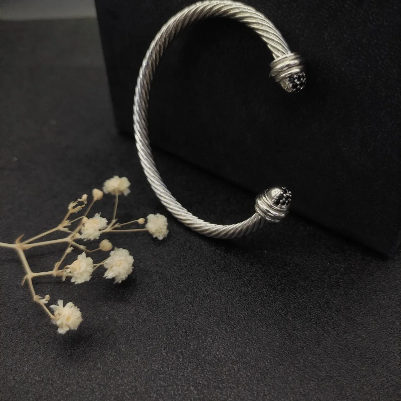 Silver Black Twisted Cable Open Cuff Bracelet 2