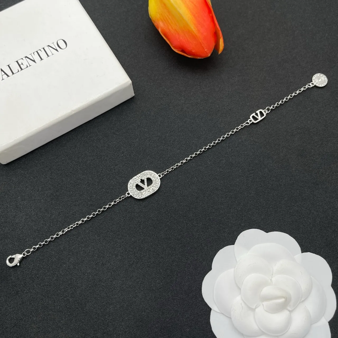 Silver Chain Link Two Monogram Charms Bracelet 7