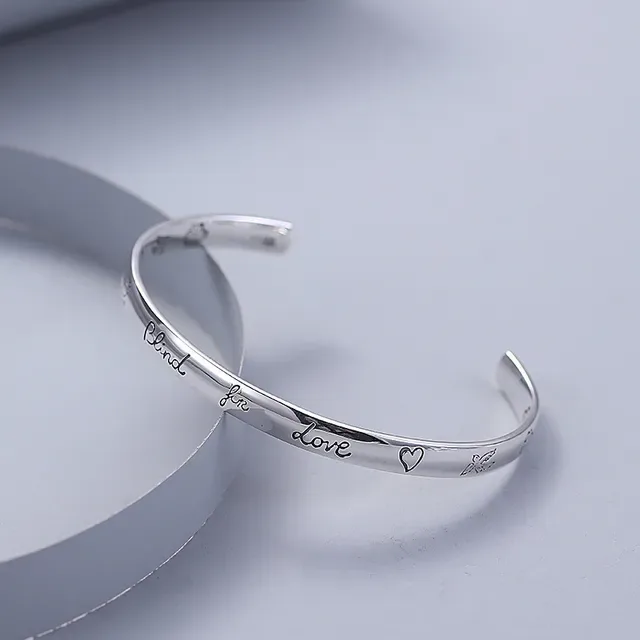 Silver Engraved 'Blind for Love' Open Cuff Bracelets 4
