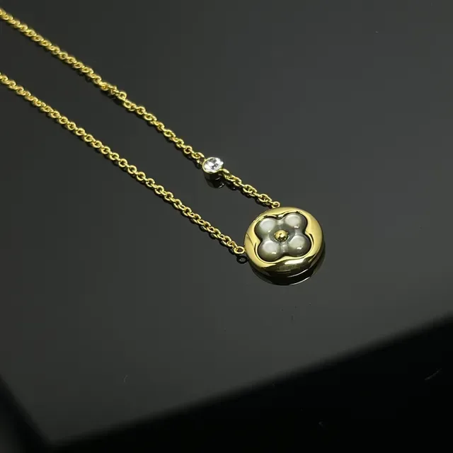 Silver Gold Floral Motif Pendant Cabochon-Set Necklace 3