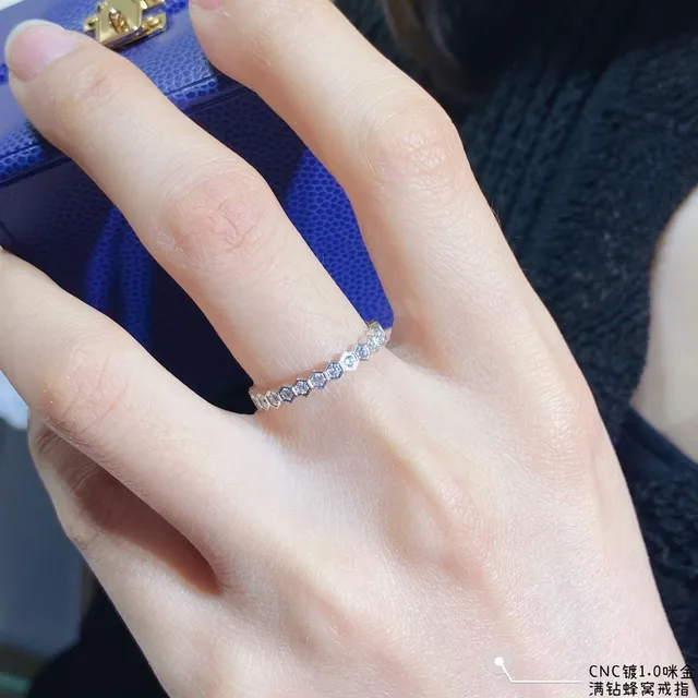 Silver Gold Hexagonal Honeycomb Setting Full Pavé Diamond Band Ring 8