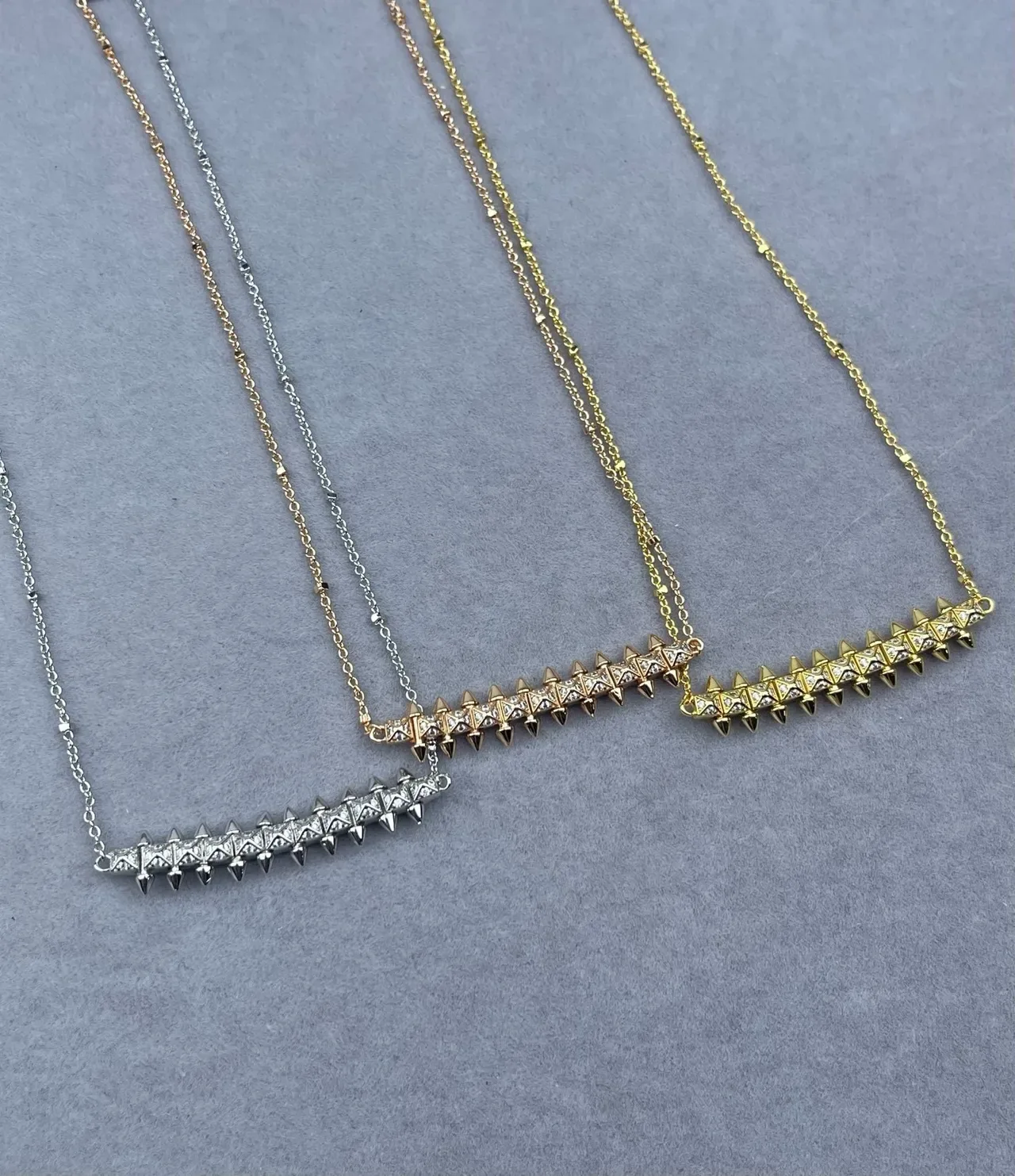 Silver Gold Spiked Bar Pendant Pavé-Set Stones Necklace 2