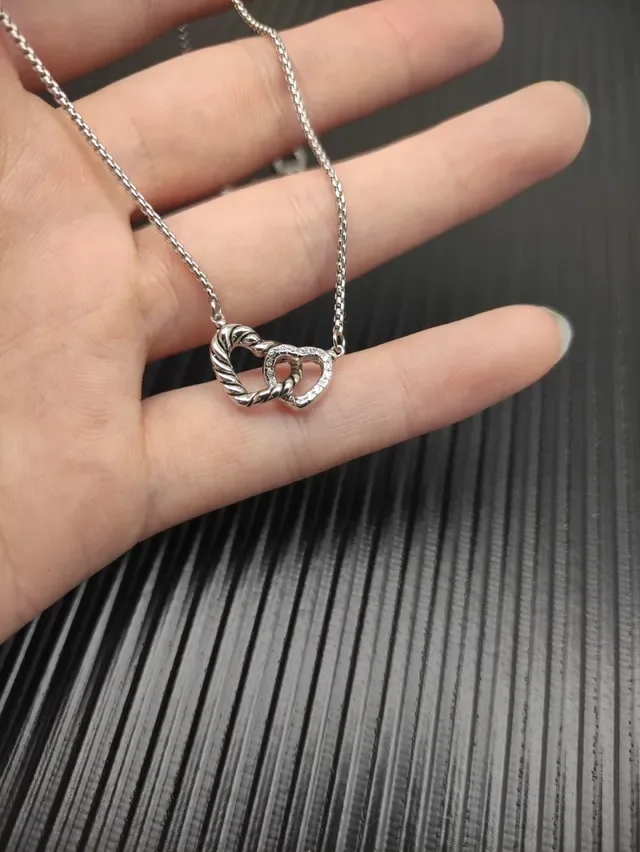 Silver Interlocking Hearts Twisted Rope Texture Necklace 6