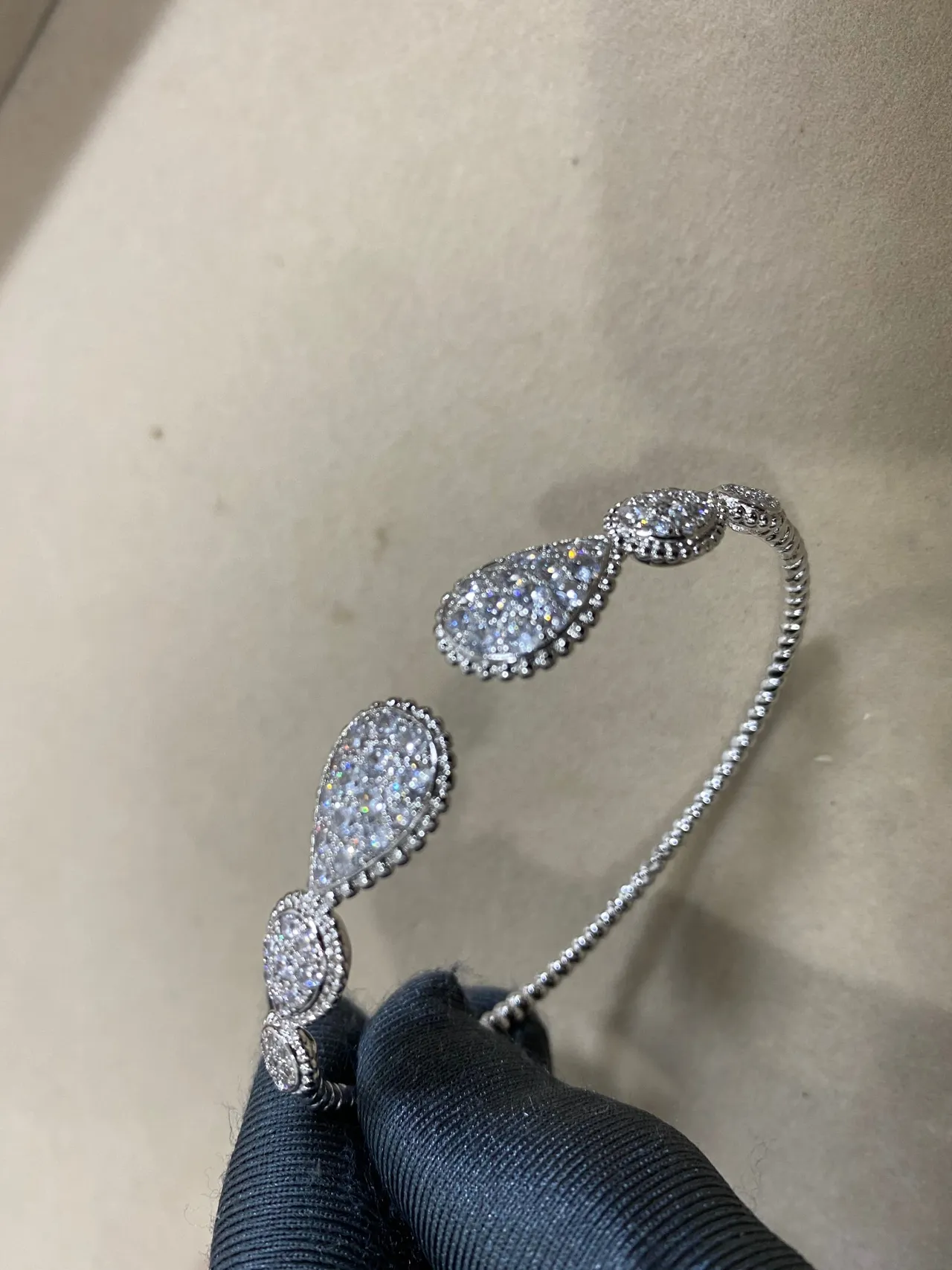 Silver Pavé Teardrop Motif Open Cuff Bracelet 2