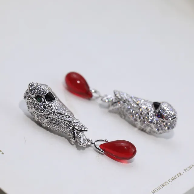 Silver Red Animal-Head Motif Pavé Crystal Setting Earrings 7
