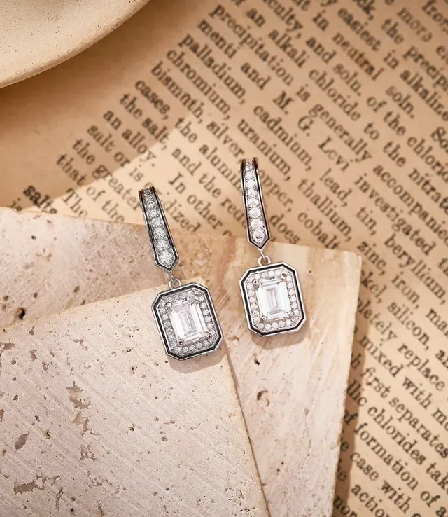 Silver-Tone Rectangular Halo Pavé Crystal Dangling Earrings 3