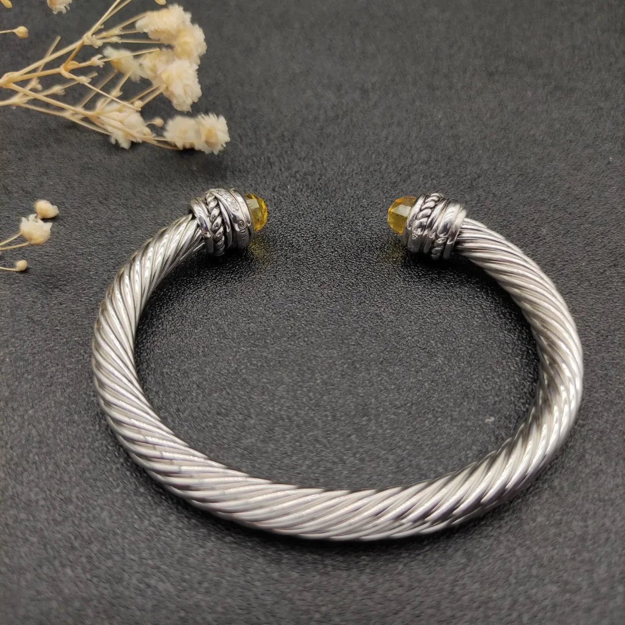 Silver Yellow Twisted Cable Faceted Stone Terminals Bracelet 6