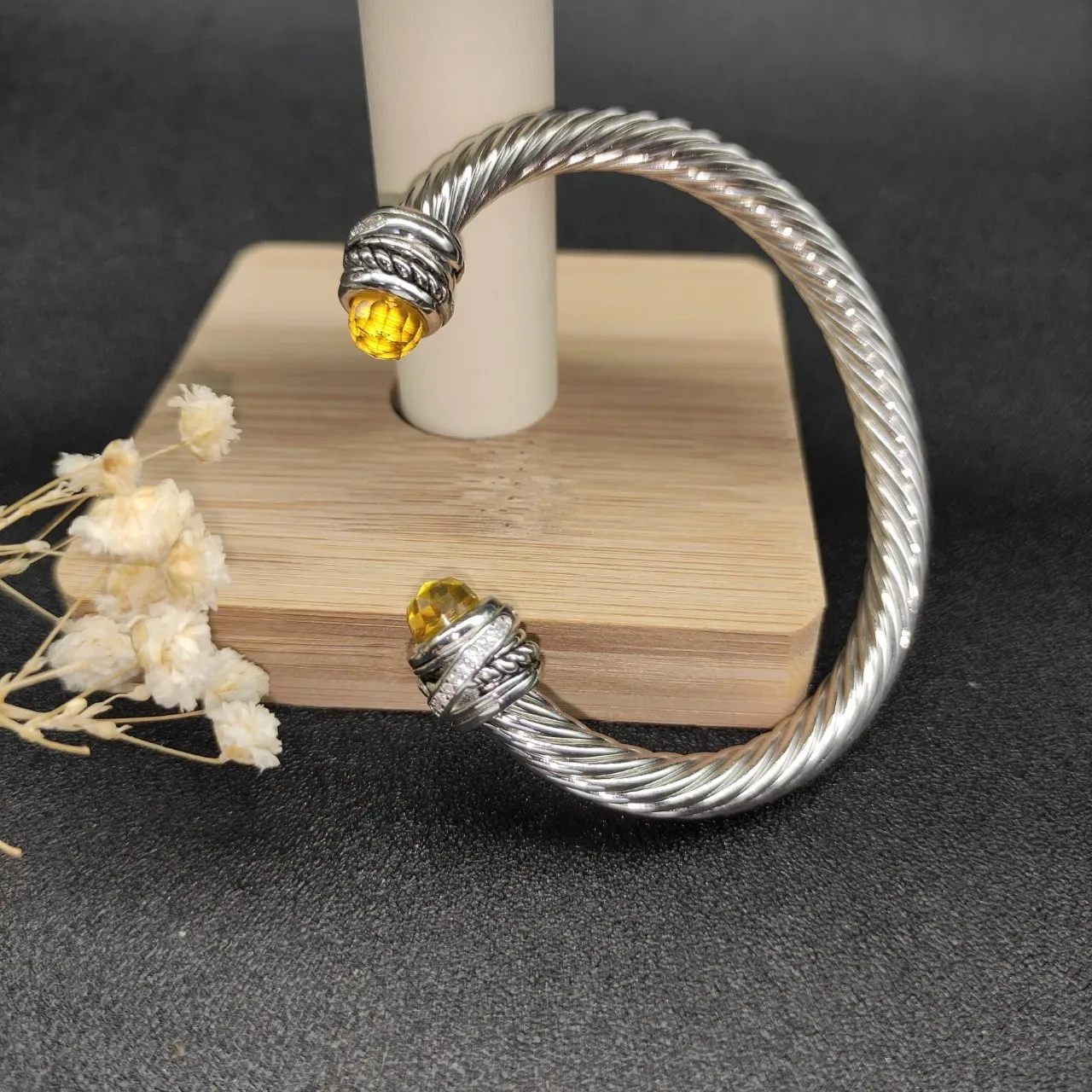 Silver Yellow Twisted Cable Faceted Stone Terminals Bracelet 8