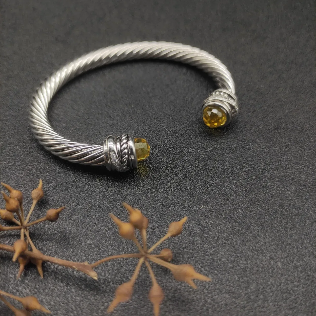Silver Yellow Twisted Cable Faceted Stone Terminals Bracelet 9
