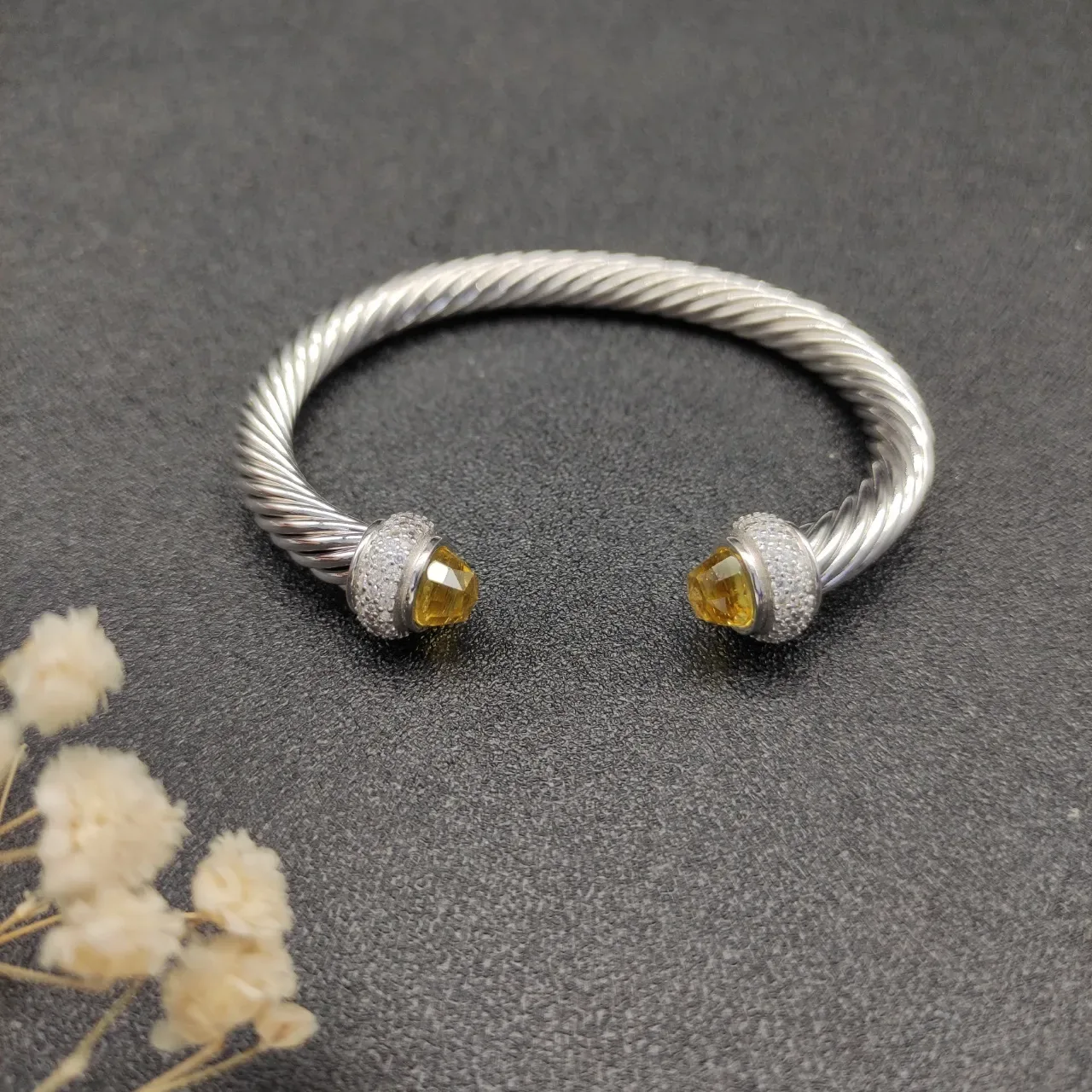 Silver Yellow Twisted Cable Pavé-Set Terminals Bracelet 5