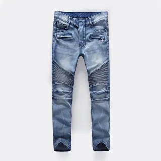 Slim-Fit Moto-Style Light Blue Denim Jeans