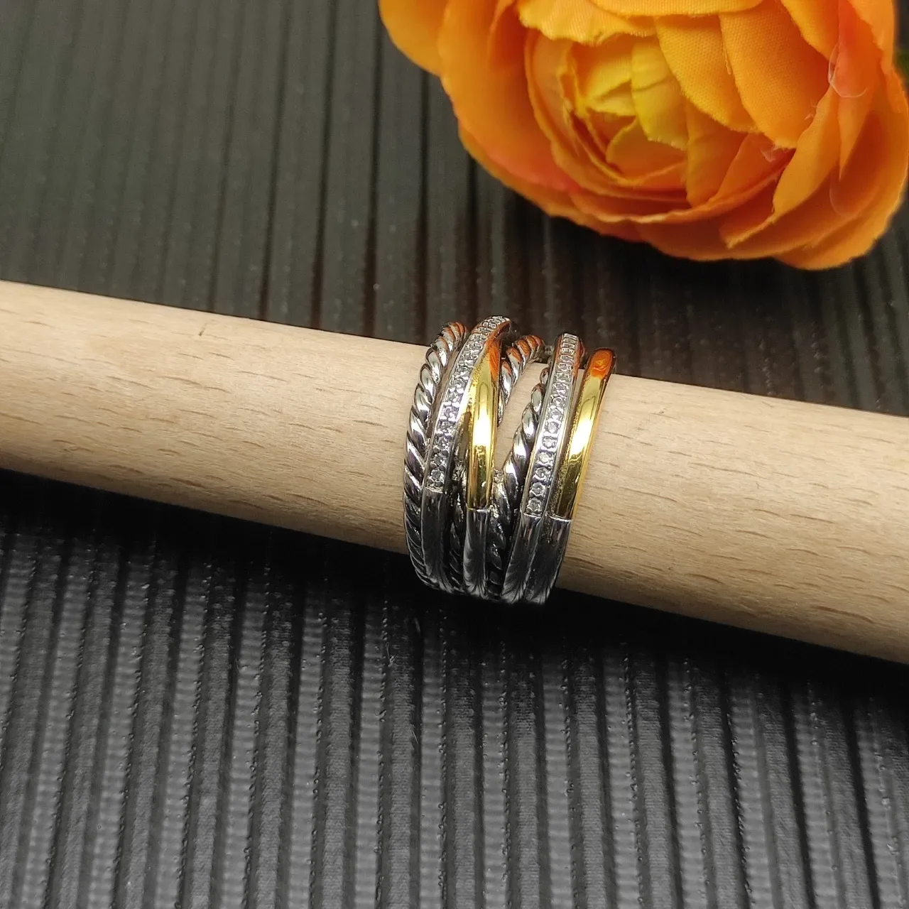 Stacked Twisted Rope Pavé Diamond Two-Tone Metal Ring 5