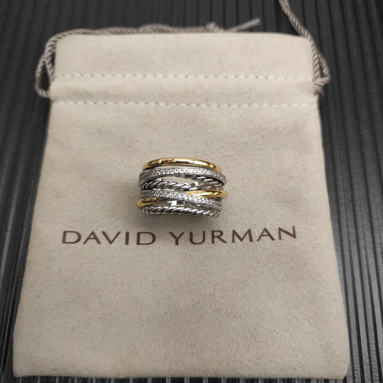 Stacked Twisted Rope Pavé Diamond Two-Tone Metal Ring 6