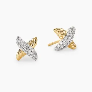 Brincos de diamantes pavé em forma de X com cabo trenzado