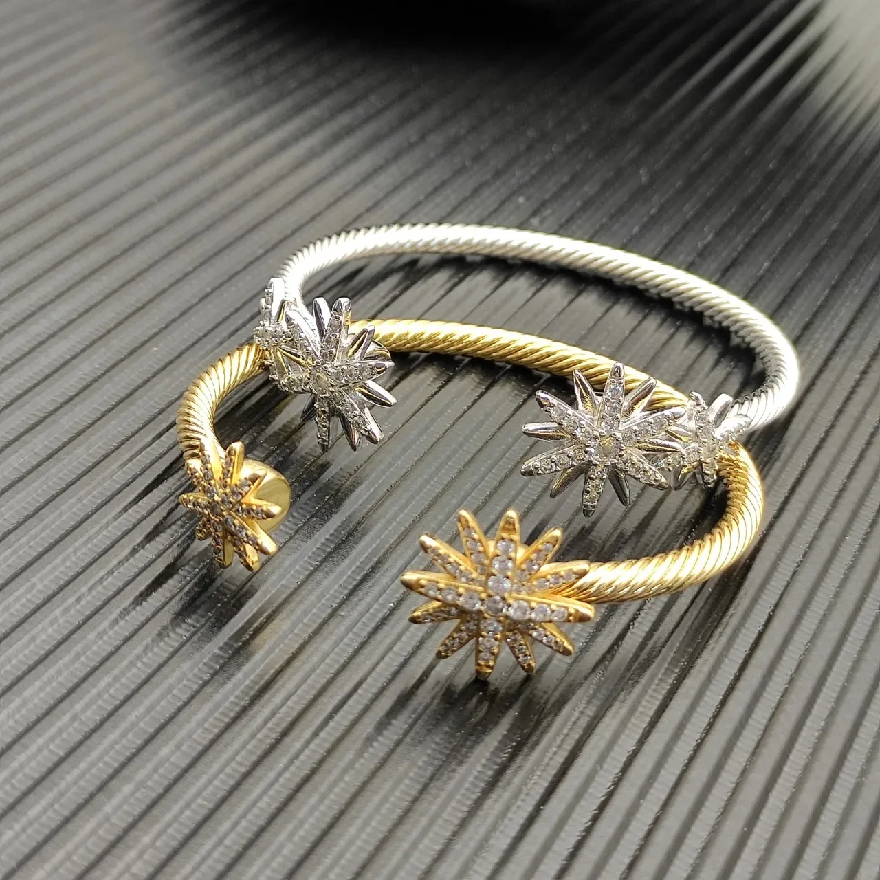 Two-Tone Cable Twist Starburst Charm Open Cuff Bracelets 3