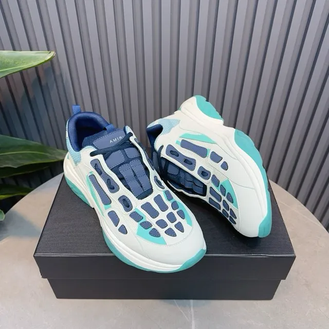 White Blue Sculpted Sole Cage-Style Synthetic Overlays Chunky Sneakers 3