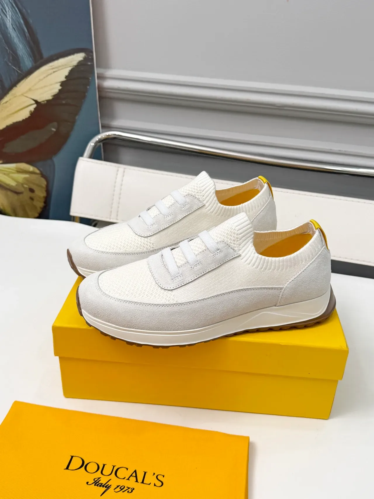 White Brown Laceless Knit Upper Textured Mesh Panels Lifestyle Sneakers 4