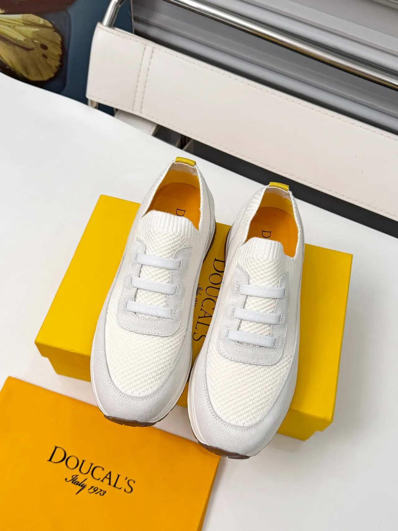 White Brown Laceless Knit Upper Textured Mesh Panels Lifestyle Sneakers 5