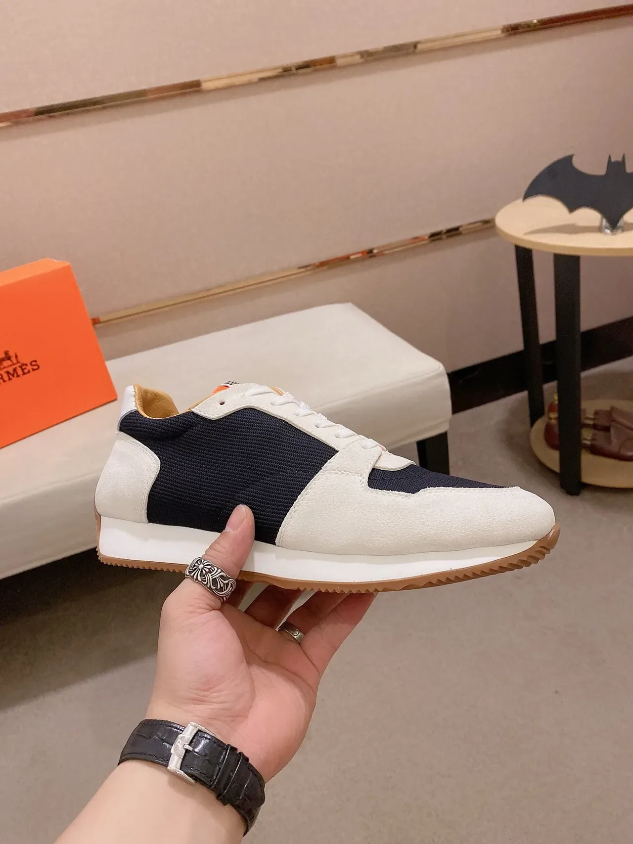 White Navy Orange Mixed-Material Retro Runner Sneaker 4