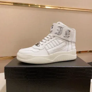 White Silver High-Top Leather-Like Upper Sneakers