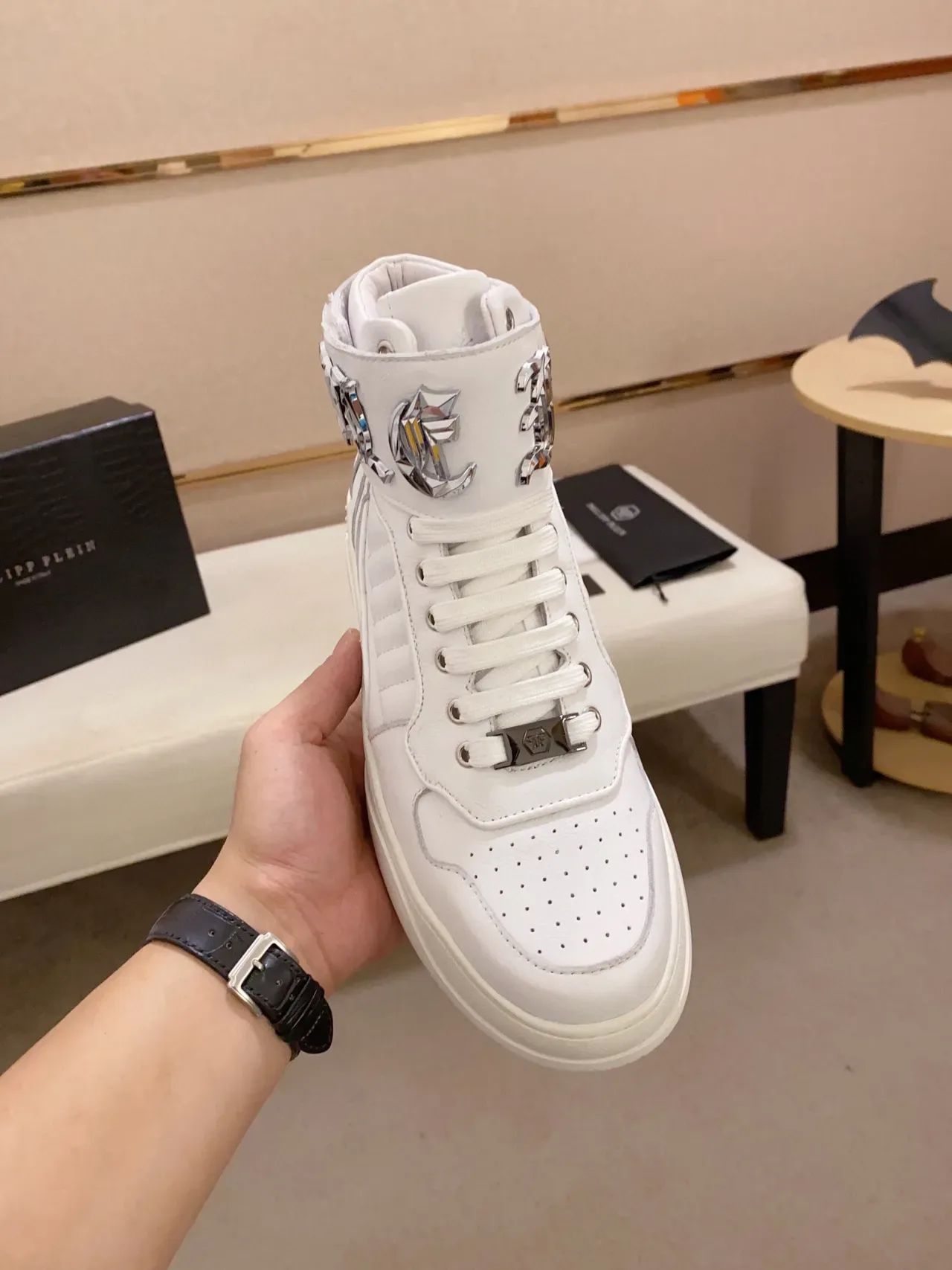 White Silver High-Top Leather-Like Upper Sneakers 8
