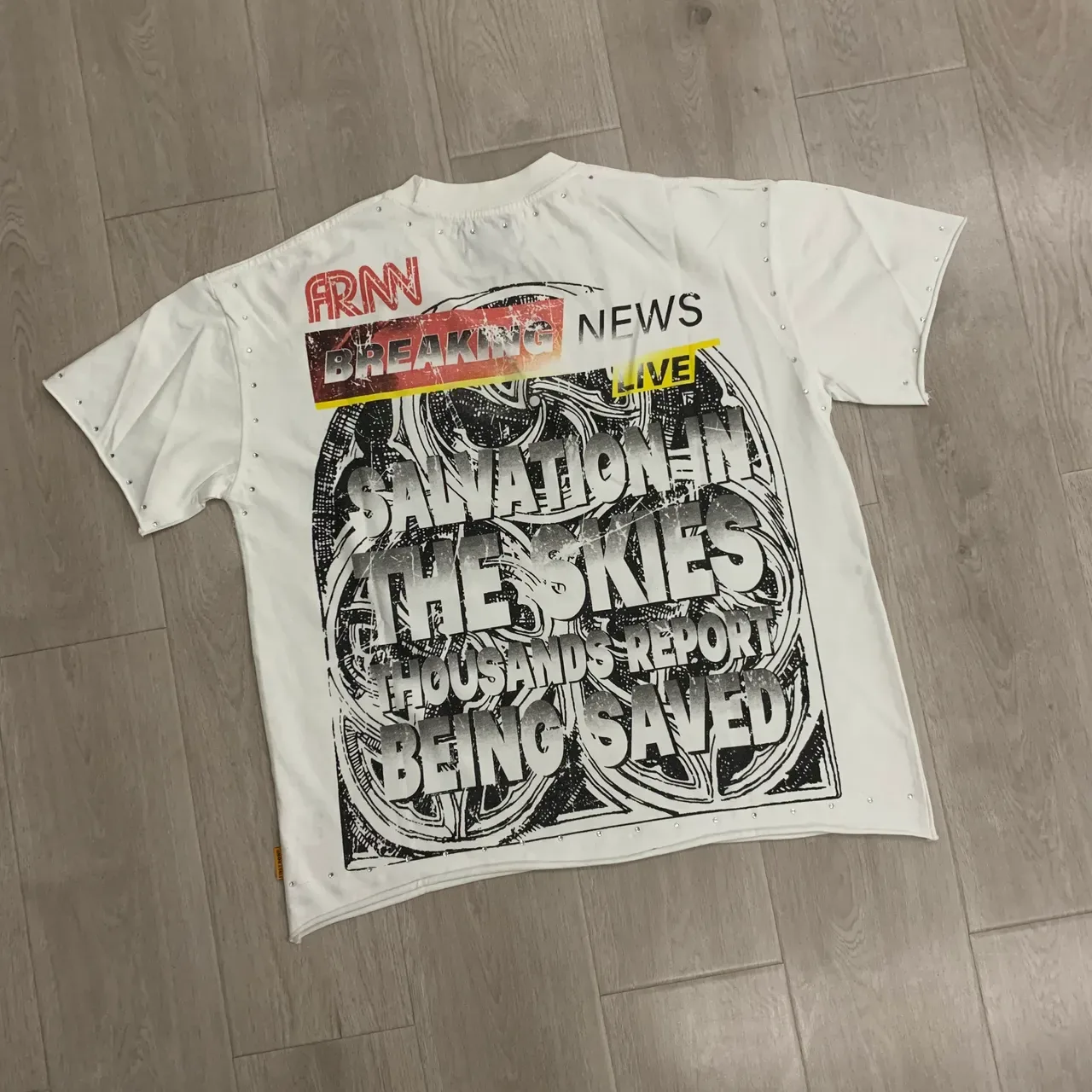 White Studded Graphic-Print News Collage T-Shirt 2