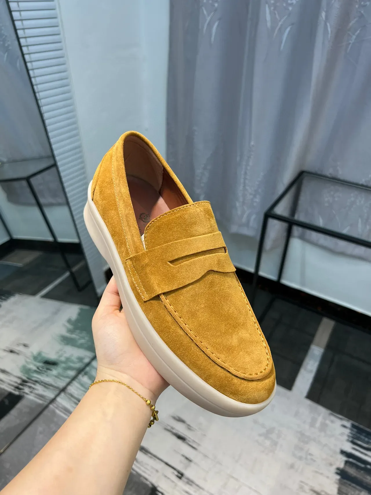 Yellow Beige Suede Upper Penny Strap Loafer 6