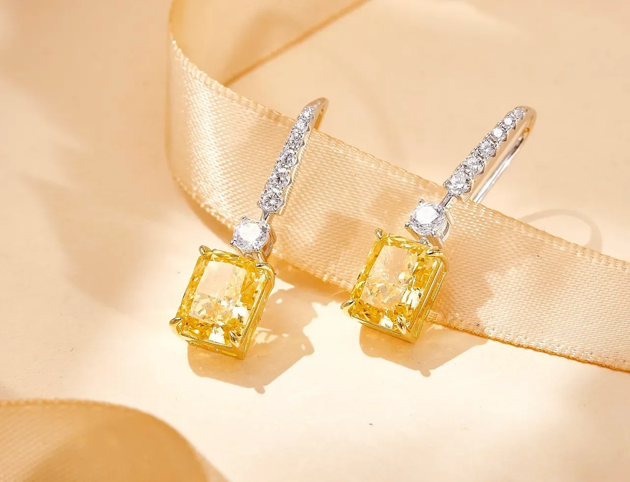 Yellow Silver Drop Rectangular Gemstone Earrings 6