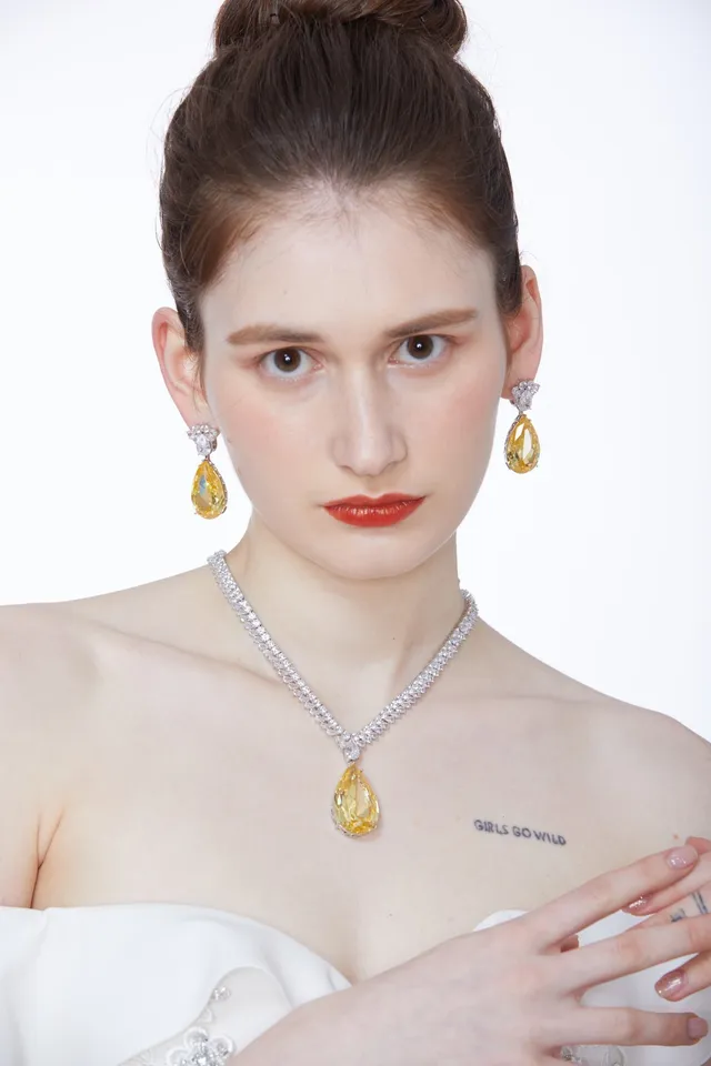 Yellow Teardrop Crystal Floral Drop Earrings 3