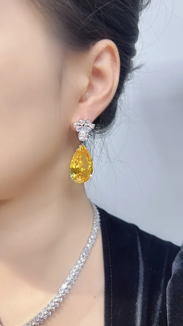 Yellow Teardrop Crystal Floral Drop Earrings 8